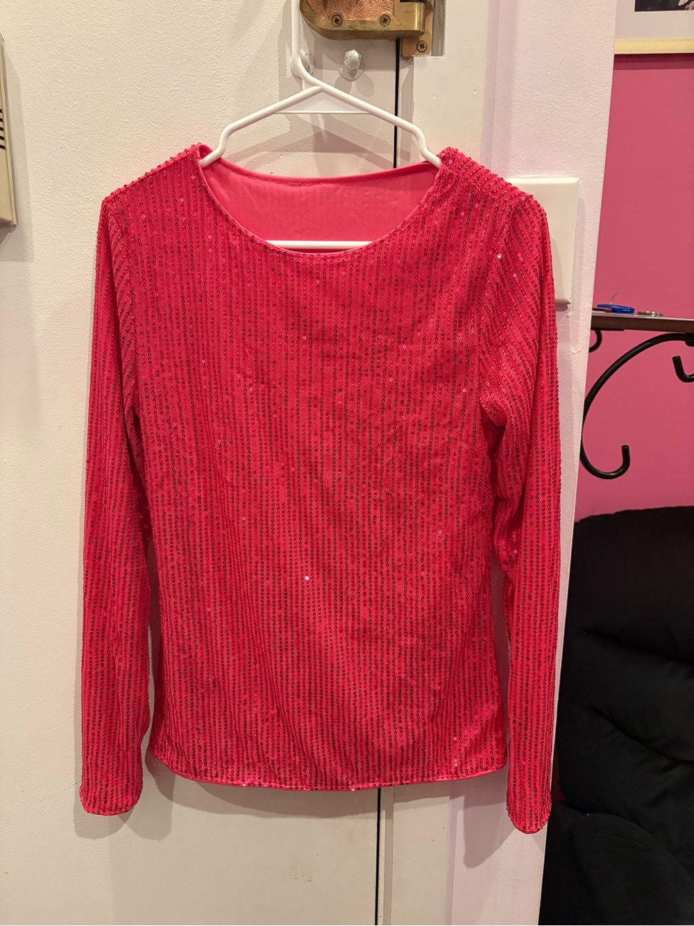 Women's Long-Sleeve Sequin Top - Hot Pink